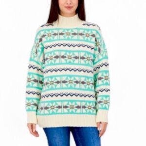 AMERICAN EAGLE Cream and Teal Oversized Fairisle Smock Neck Sweater